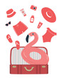 Beach accessories falling into a red suitcase. Red swimsuit, swimming trunks, hat, sunglasses, flip flops, sunscreen, camera, flamingo swimming ring. Packing suitcase for summer vacation. Hello Summer