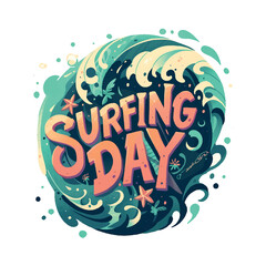 Sticker - Surfing day is a fun and exciting event for surfers and beachgoers alike. The logo features a colorful wave and a palm tree, which represents the ocean and the tropical climate