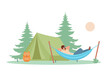 © Елена Истомина - Tourists camping concept. Camper man character relaxing in hammock near touristic tent in forest. Summer vocation vector illustrations isolated on white background.