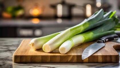 Wall Mural - A selection of fresh vegetable: leek, sitting on a chopping board against blurred kitchen background; copy space