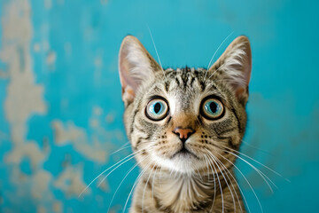 Wall Mural - A cat with blue eyes stares at the camera