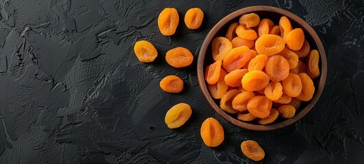 Wall Mural - Dried apricots in a bowl on a black background. generative ai