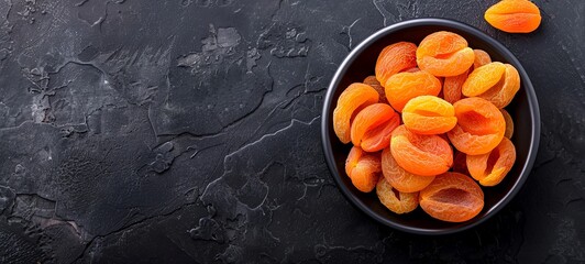 Wall Mural - Dried apricots in a bowl on a black background. generative ai