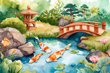 Fototapeta Do akwarium - A painting of a pond with three koi fish swimming in it