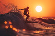 A person surfing on the ocean waves, their silhouette against the setting sun.