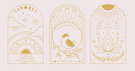 Wall Mural - Set of Modern magic witchcraft cards with bird, sun, moon and lotus. Line art occult vector illustration