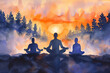 A peaceful watercolor illustration of a group of people meditating, with a beautiful sunrise in the background