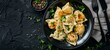 dumplings with meat Dumplings with herbs in a black plate. black cutlery. View from above. place for text. generative ai