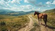 wild horse along a mountain on a sunny day. generative ai