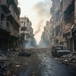 a solemn scene in a war-torn cityscape, where the aftermath of conflict is evident in the devastation that surrounds. 