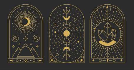 Wall Mural - Set of Modern magic witchcraft cards with sun and moon. Line art occult vector illustration