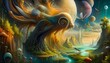 surreal oil painting of blended ecosystems and imaginary creatures AI Generated