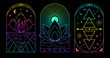 Set of Modern magic fluorescent witchcraft cards with Four elements and lotus. Line art occult vector illustration