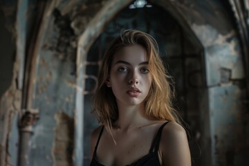 Captivating portrait of a young woman in an abandoned setting, her eyes conveying stories untold and resilience.

