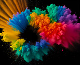 Fototapeta Mapy - an explosion of multi-coloured powder paint . Closeup of colorful dust particles splattered isolated on black background.