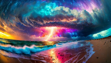 Wall Mural - beach in a windstorm, fisheye lens, rain and thunder, sunset AI Generated