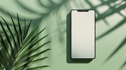 A smartphone on an isolated green background with a blank screen for text and palm leaves nearby