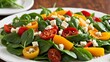 Fitness salad with light cheese, spinach leaves, yellow pepper and grated carrots, with the addition of dried tomatoes