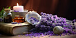 Unlocking Wellness with the help of Lavender flowers and their powder and Self-Care with Aromatherapy, tinctures of lavender, candle and a book on the table