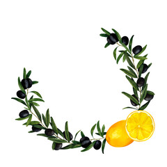 Wall Mural - Olive branches and lemons watercolor frame, hand-painted composition for printing on cards, invitations, recipes, cookbooks, packaging and product labels