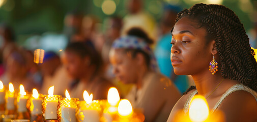 Wall Mural - People listening to the preacher, praying in the evening around lots of candles. Faith in God, Jesus Christ