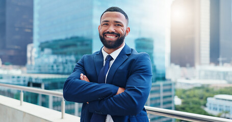 Poster - Business man, face and arms crossed, lawyer happy with career and confident on rooftop, skyscraper and pride. Expert, legal employee or attorney with smile in portrait for corporate and professional