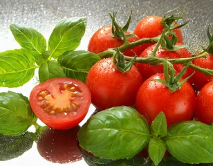 Wall Mural - Cherry tomatoes with basil leaves cut out on a white background close up