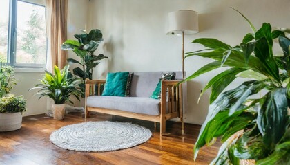 Wall Mural - Minimal living room with indoor plants. Bright authentic home interior. Home gardening and biophilic design