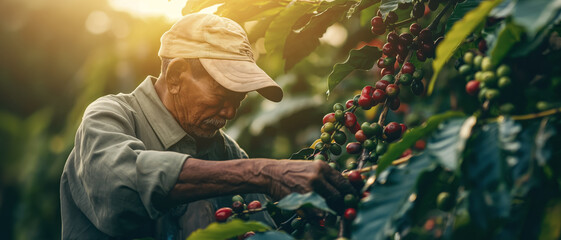 Wall Mural - Coffee picker or farmer, older man in work shirt and cap, working near shrubs with red and green berries. Generative AI	