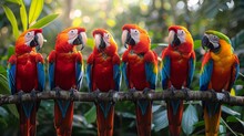  A Panoramic View Of A Vibrant Macaw Colony Amidst The Lush Green Canopy Of The Amazon Forest, Bathed In The Warm Glow Of Morning Sunlight Filtering Through The Leaves-050