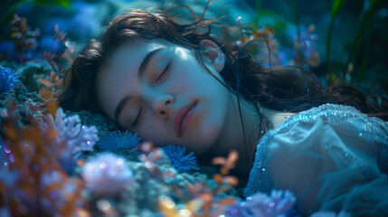 Wall Mural - A girl sleeping on the sea floor in a ray of blue light, the concept of deep sleep on the ocean floor