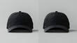 Sleek Black Baseball Caps Showcased in Mockup: Front and Back Side View on Grey Background