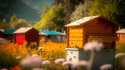 Poster - Beehive apiary bees and flowers in the meadow. ,