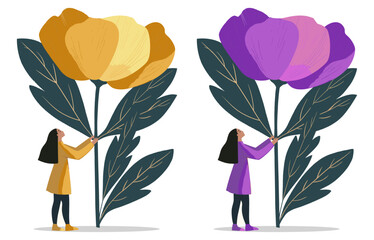 Wall Mural - Set of 2 woman is holding a beautiful giant flower tulip. Yellow, gold, violet.  Flat design vector illustration, duotone, 2d, minimalist, isolated on white background