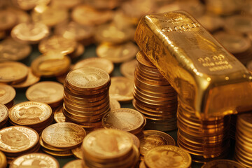 Wall Mural - stock photo of gold bar put on top of stacks of gold coin