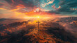 beautiful depiction of a cross on a hill with a vibrant sky in the background
