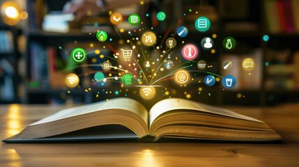 Poster - Open book with social networking icons above in Wooden table on blur background.