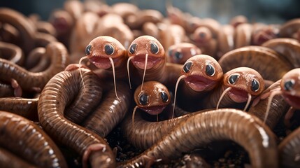Amusing caricature of smiling cartoonish parasitic worms. A humorous take on helminths. Concept of fun educational material, playful science illustration, and engaging learning.