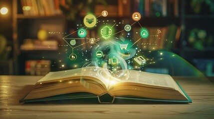 Poster - Open book on old wooden table. Open Book with Colorful Checkout Icons.