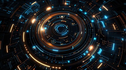 Poster - Futuristic technology elements in the circular rings of high-tech digital holographic background.