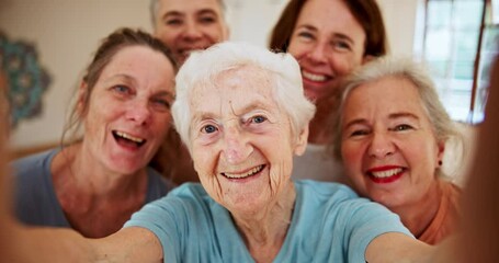 Wall Mural - Selfie, smile and senior friends in fitness together for health, wellness and solidarity in retirement. Digital photography, face and group of happy elderly women gym at nursing home for yoga class
