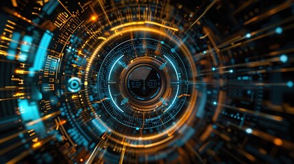 Aufkleber - Futuristic interface with circular HUD elements and glowing lines in the technology style.