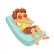 © viklyaha - Cute little boy in sunglasses lying on inflatable mattress vector Illustration