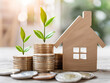 Real estate concept with a house model and coins stack, a green plant growing on coins 