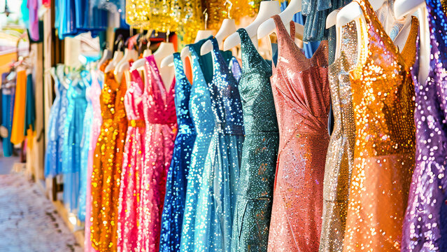 Colorful sequined dresses hanging in a fashion boutique, perfect for prom or festive occasions.