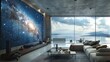 Luxurious modern living room with breathtaking cityscape and galaxy wall art