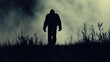 A dark figure resembling Bigfoot walking in a field enveloped in thick fog, creating an eerie and mysterious atmosphere