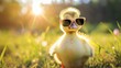  a baby duck in sunglasses on the meadow