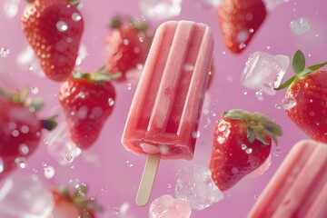 Wall Mural - Strawberry popsicles with ice and water splashing around them
