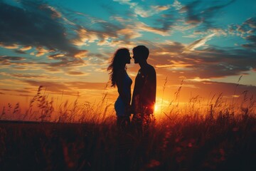 An intimate silhouette of a couple embracing, with golden sunset and wild grass creating a romantic backdrop